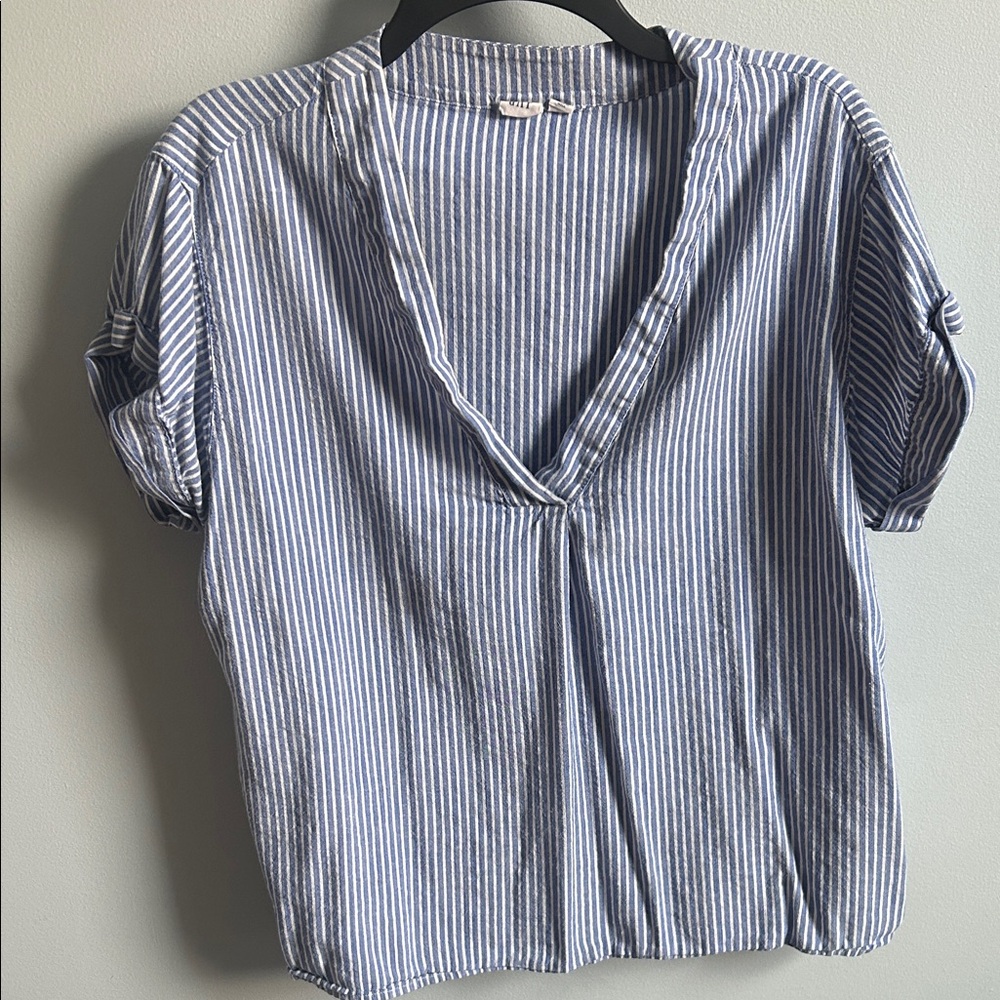 GAP Blue and White Striped V-Neck Blouse